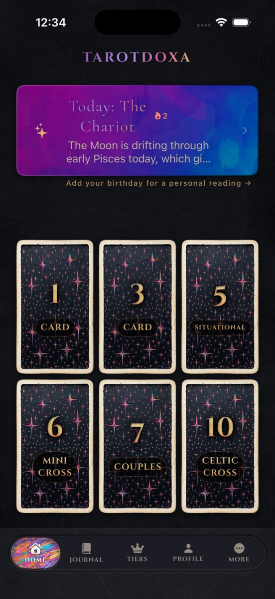 Tarotdoxa home screen: the daily card banner above six carved card-back spreads