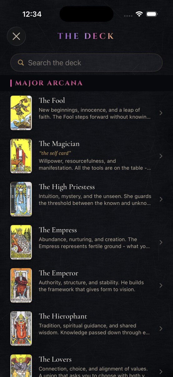 The Deck: a searchable library of all 78 cards with their meanings
