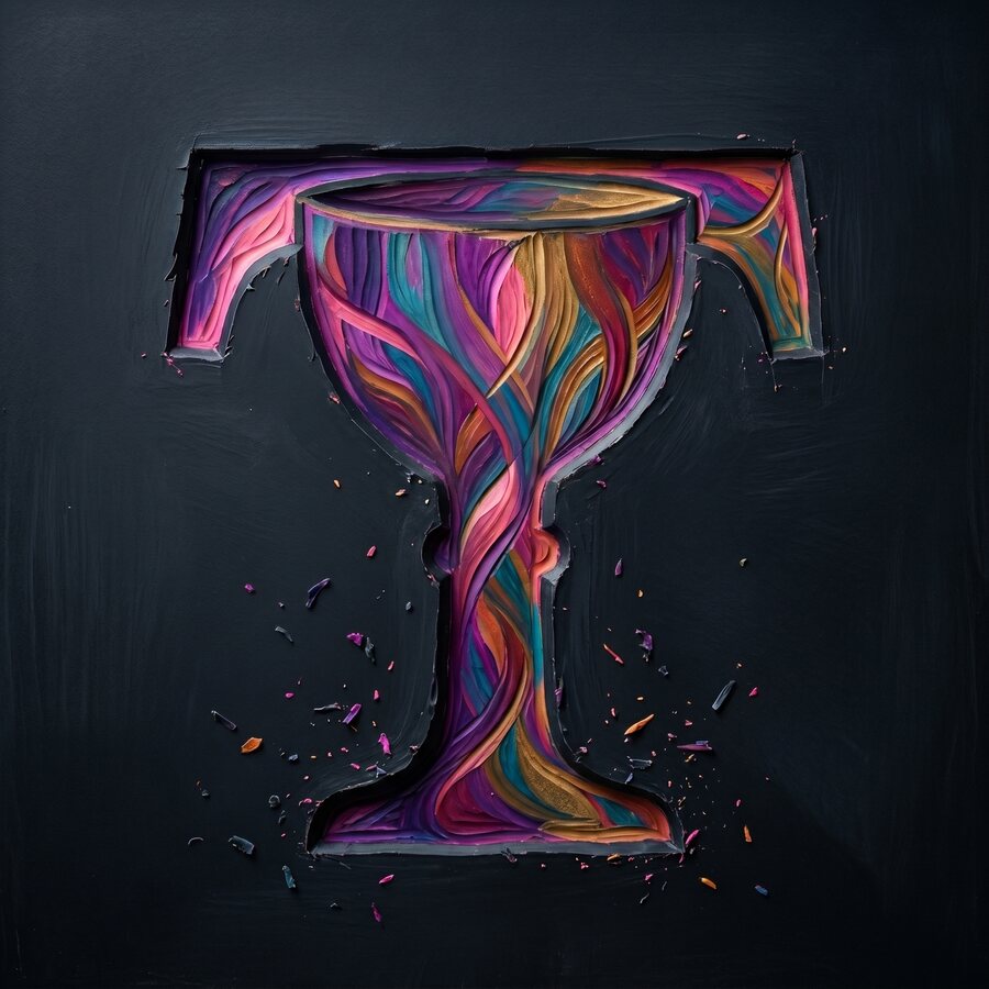 The Tarotdoxa chalice T, carved in violet, magenta, teal, and gold through black wax